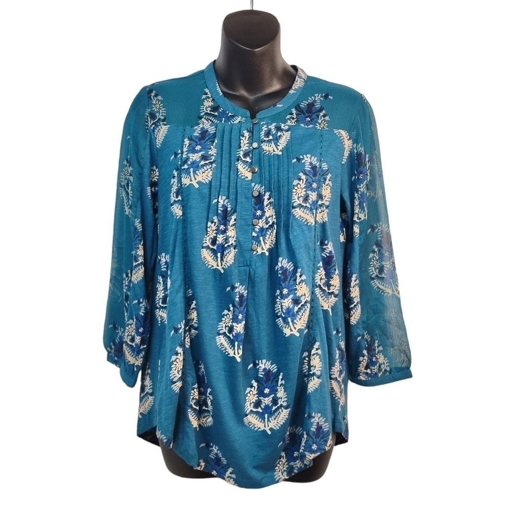 Lucky Brand Women's Teal/Blue/White Floral Print Top Blouse Size S NWT